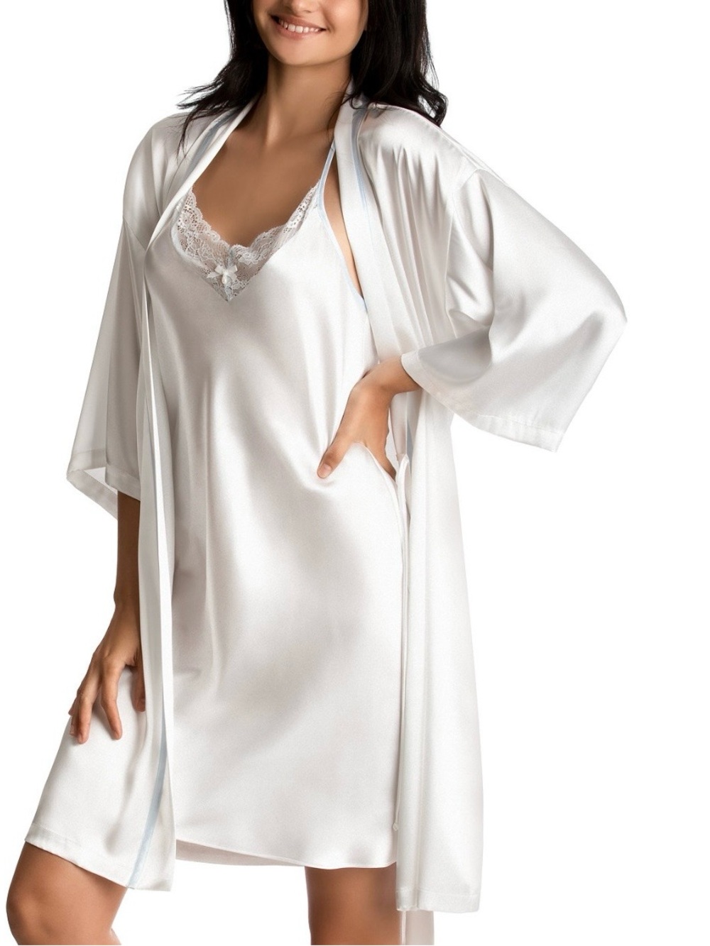 Linea Donatella Lace-Trim Satin Chemise & Robe Set Mrs L - Picture 2 of 9